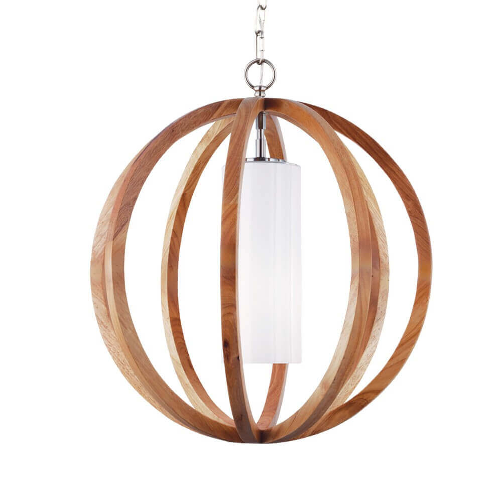 Suspension sphère en bois clair, diffuseur cylindrique blanc, vue de face sur fond blanc