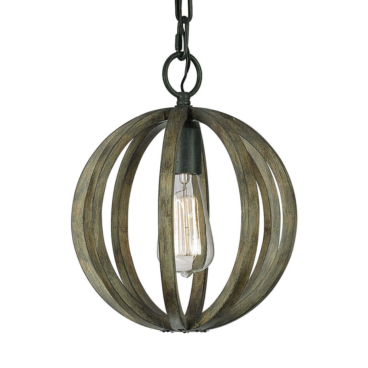 Suspension en bois cintré formant une sphère ouverte autour de l'ampoule