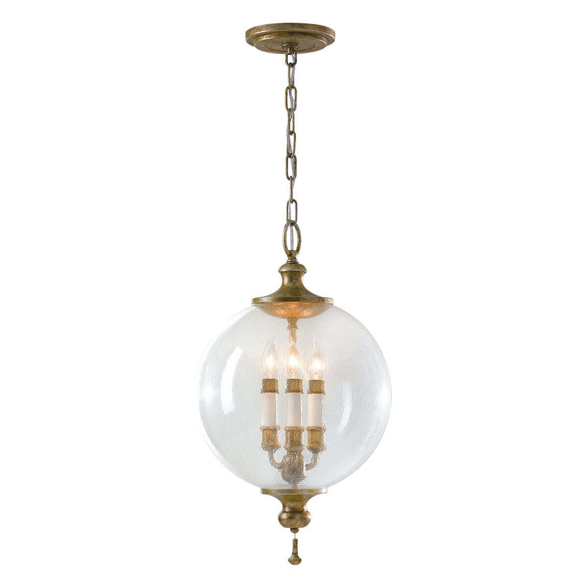 Suspension complète en verre soufflé sphérique avec trois ampoules bougies allumées