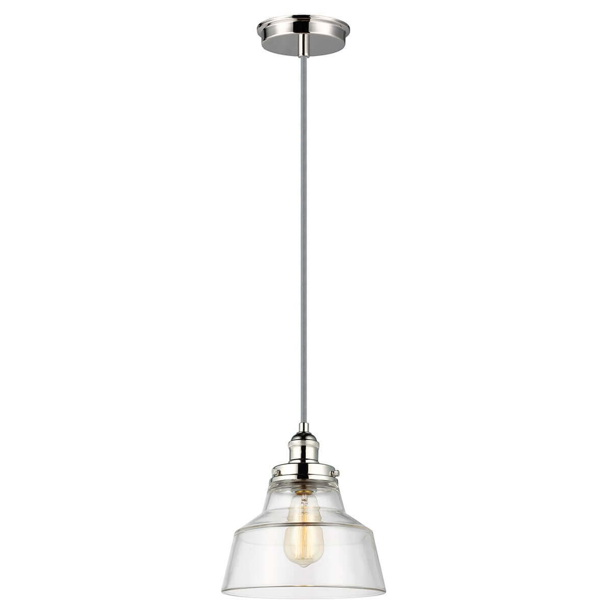 Suspension en nickel poli avec abat-jour en verre transparent, vue de face sur fond blanc
