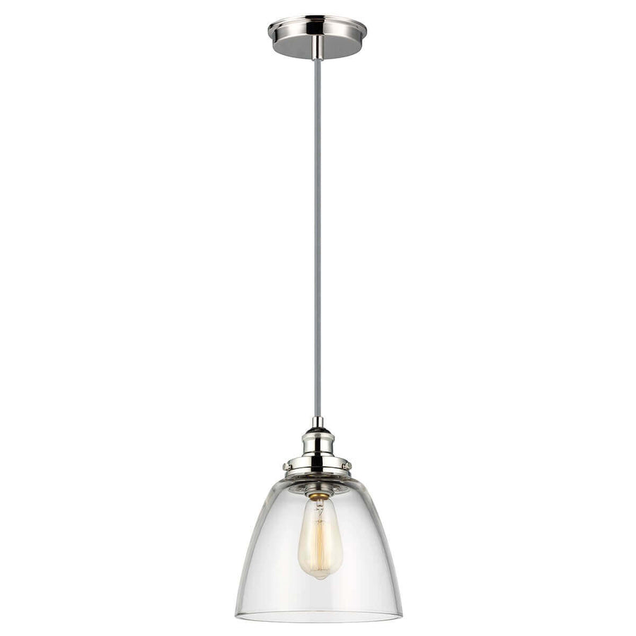 Suspension en nickel poli avec abat-jour en verre transparent et ampoule visible, vue de face.