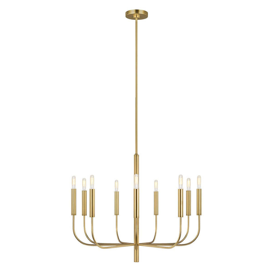 Lustre en laiton avec neuf bras recourbés et ampoules fines, présenté de face sur fond blanc.