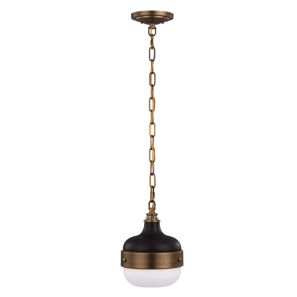 Suspension complète avec chaîne, rosace et diffuseur en verre, vue de face.