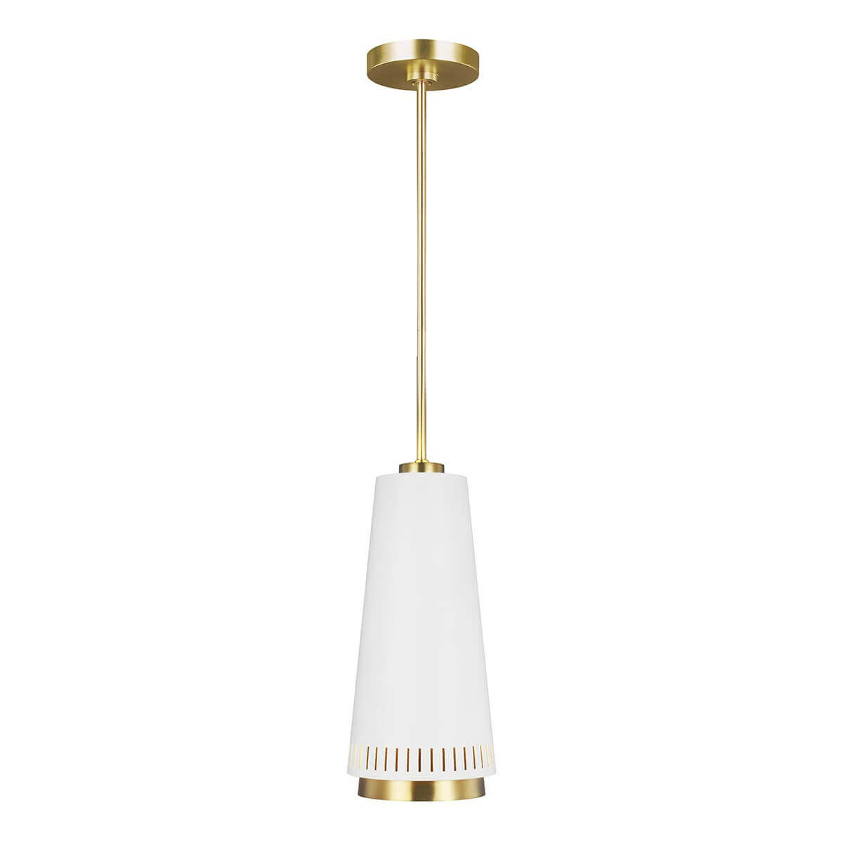 Suspension blanche mate avec tige et finitions dorées, présentée de face sur fond blanc