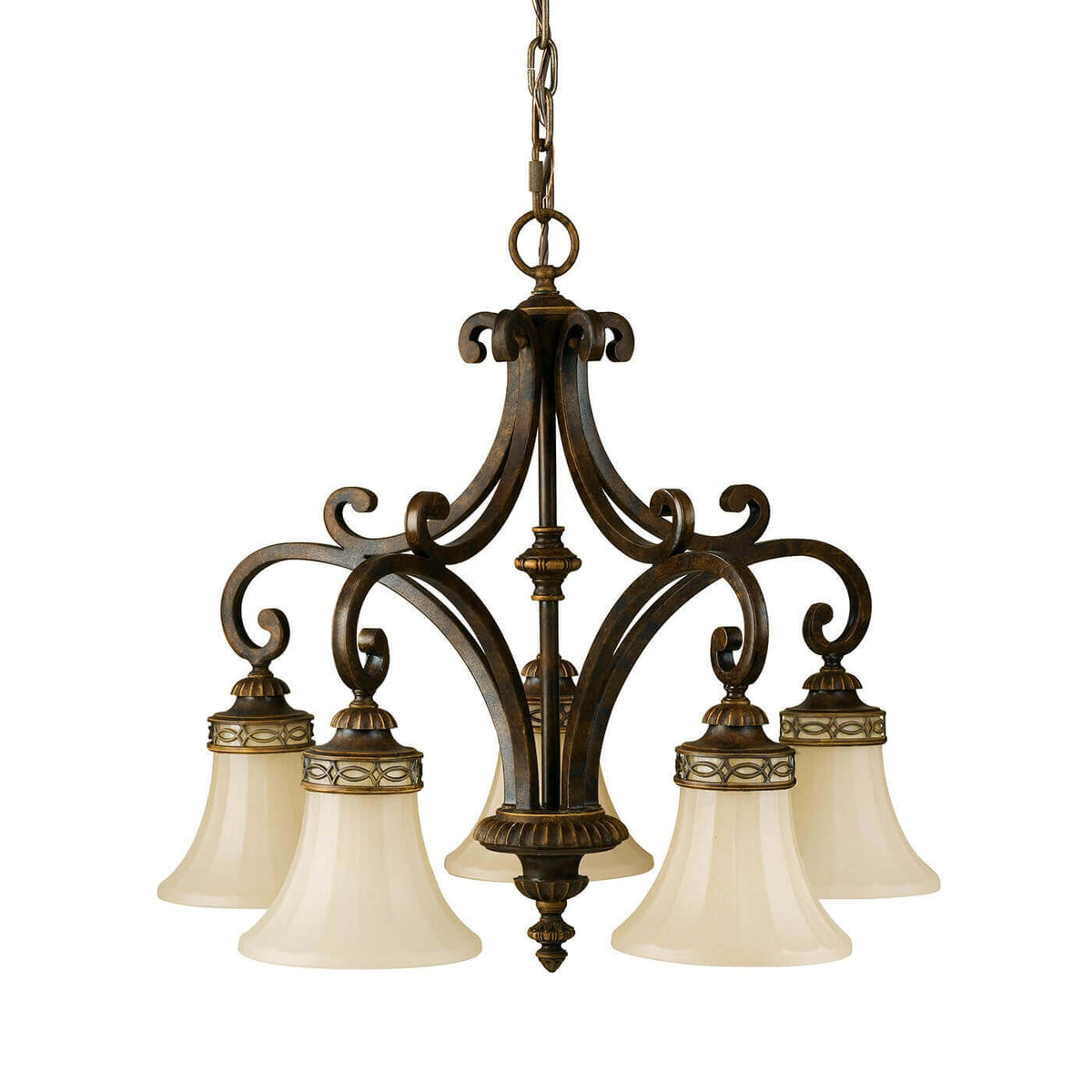 Lustre suspendu à cinq bras en métal foncé et verre crème, vue de face
