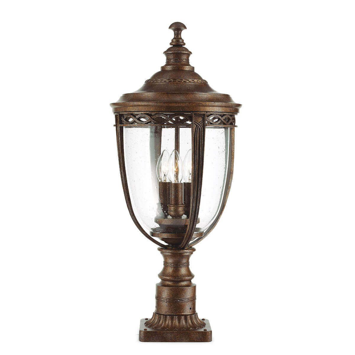 Vue de face d'une lanterne extérieure en bronze avec verre et trois ampoules.