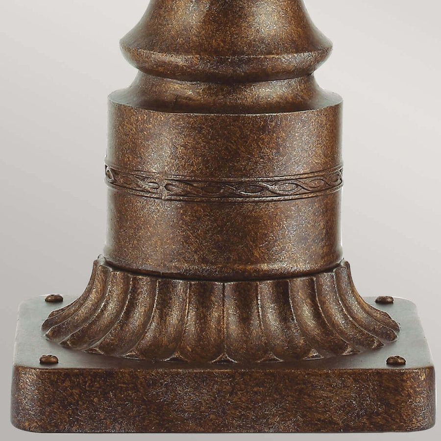 Détail de la base moulurée avec sa platine carrée à fixer sur un support.