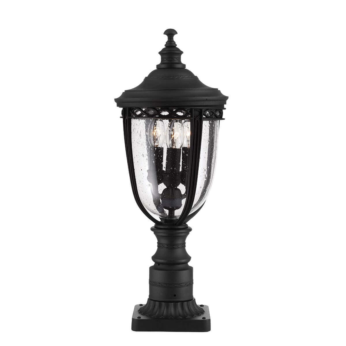 Lampadaire extérieur noir vu de face avec son verre bombé et sa base
