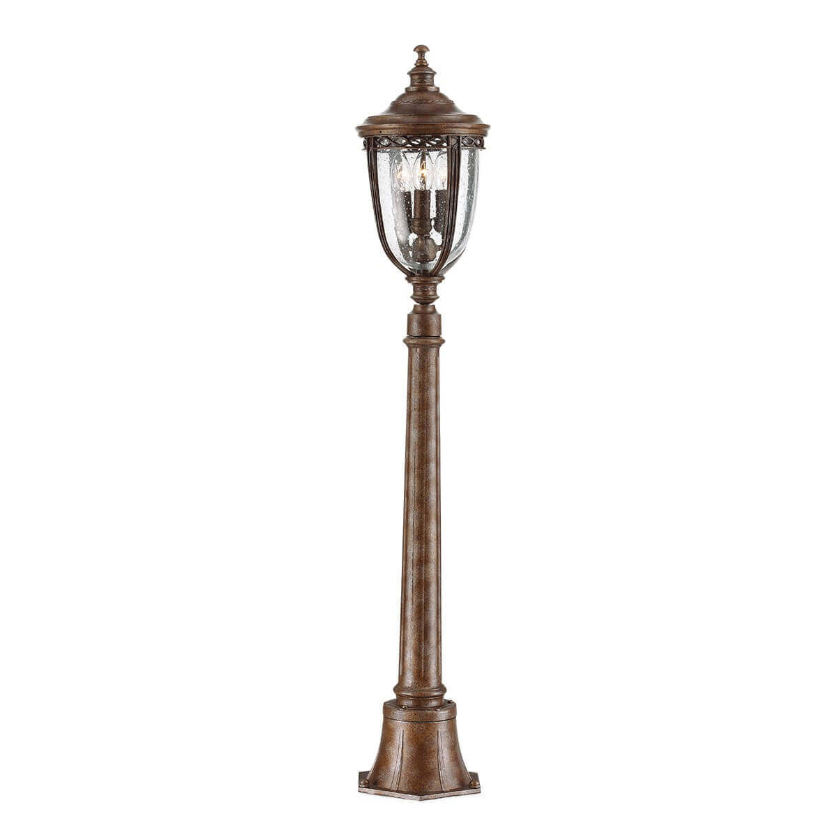 Lampadaire extérieur complet de face sur fond blanc, lanterne en verre et bronze.
