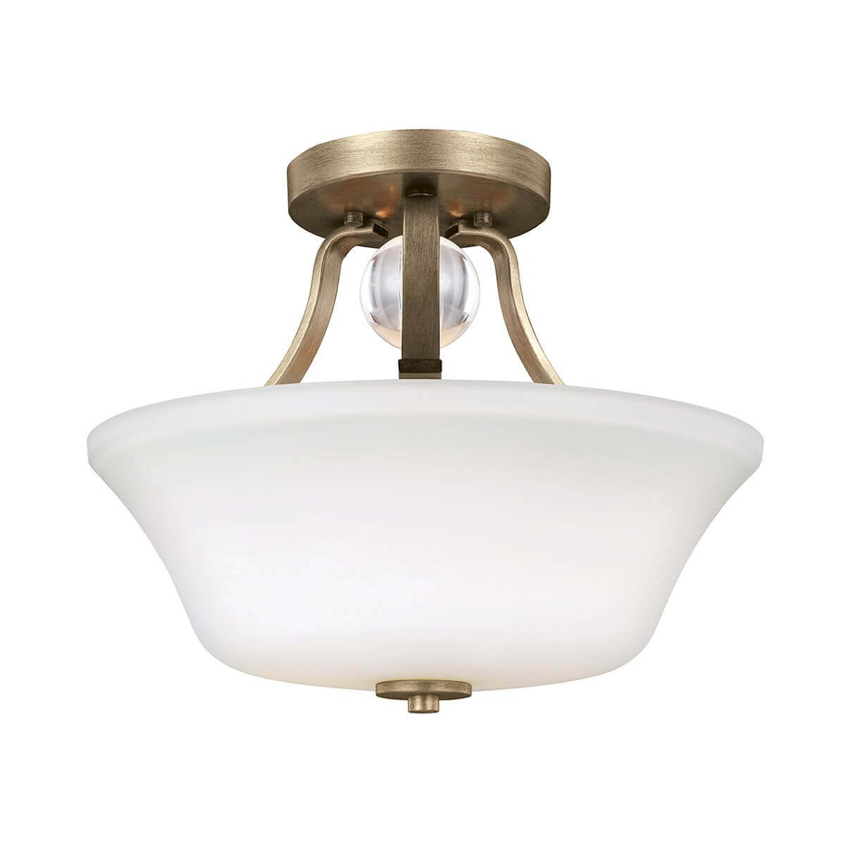 Plafonnier deux lumières vu de face, verre opalin blanc et armature dorée