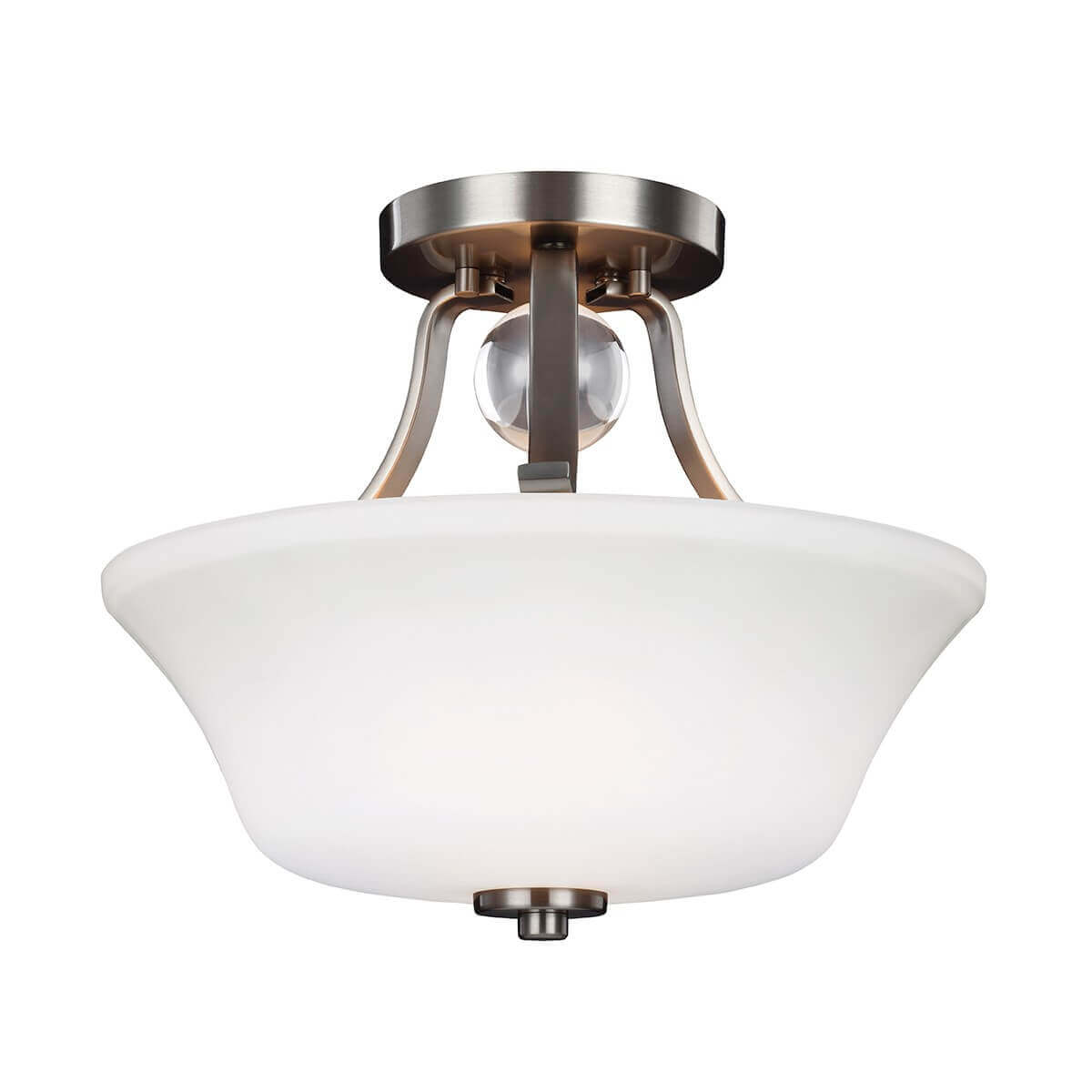 Vue de face du plafonnier deux lumières, coupelle en verre opalin et structure nickel brossé