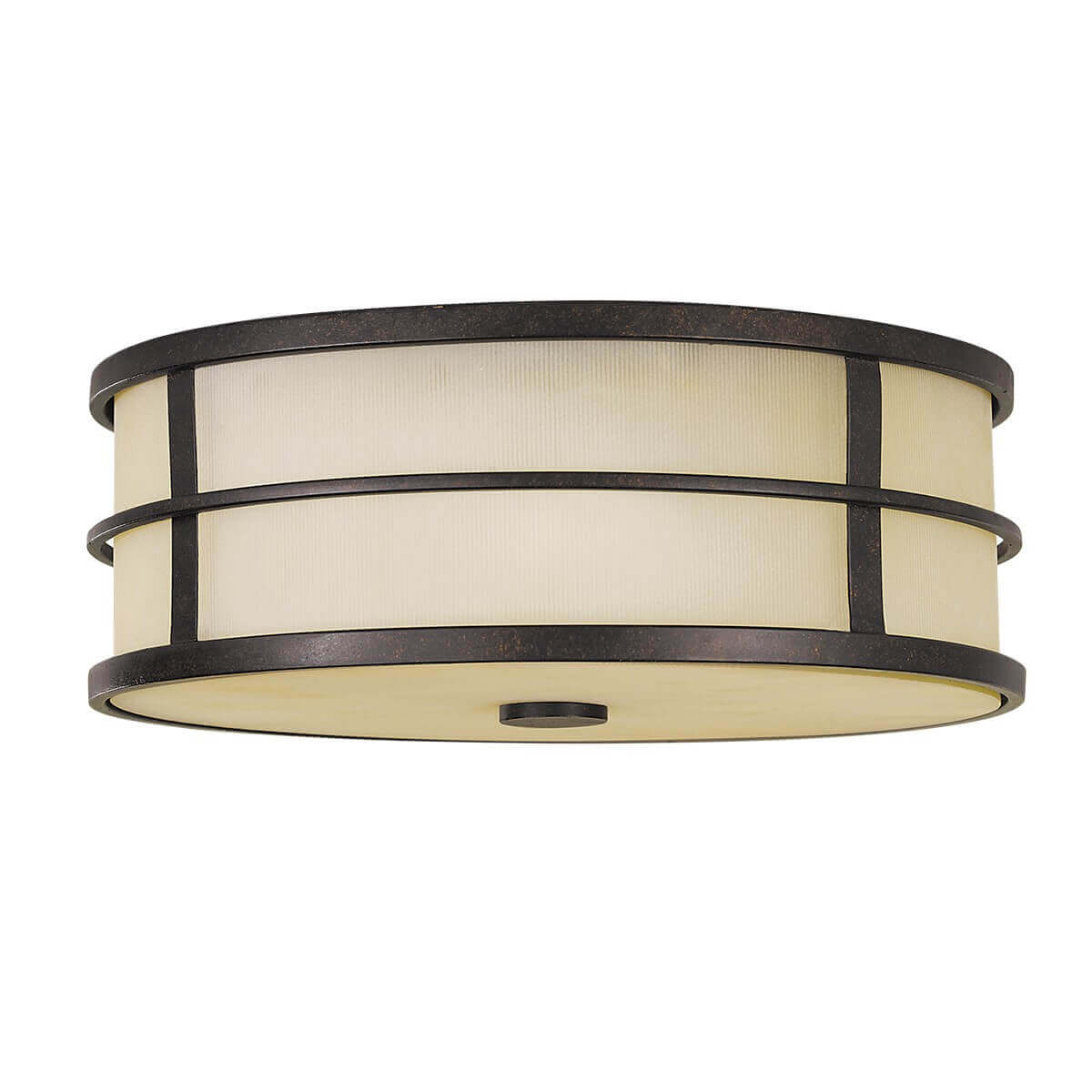Plafonnier rond en métal bronze et abat-jour cylindrique crème, vue de face