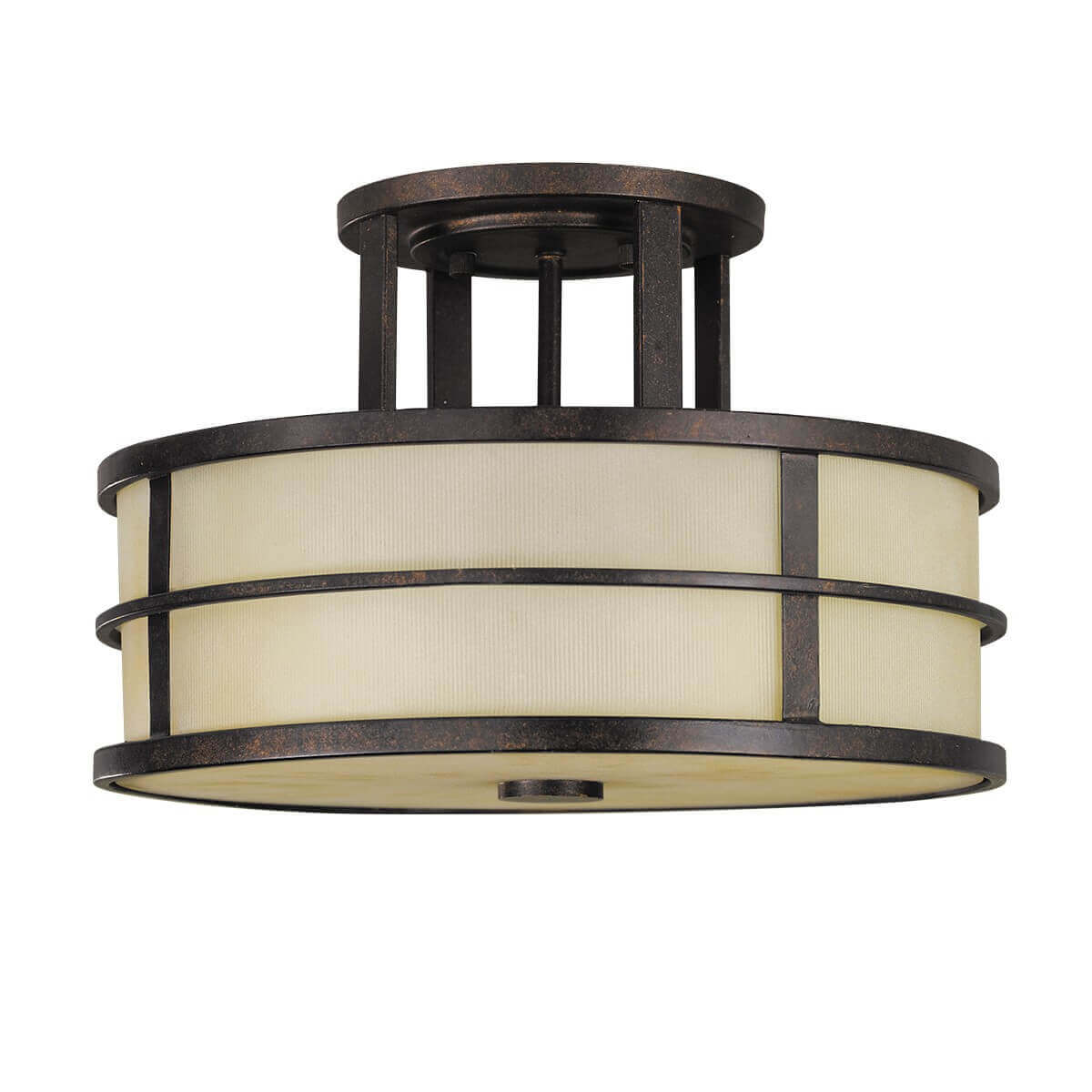 Plafonnier complet vu de face, abat-jour cylindrique en verre strié et monture bronze foncé