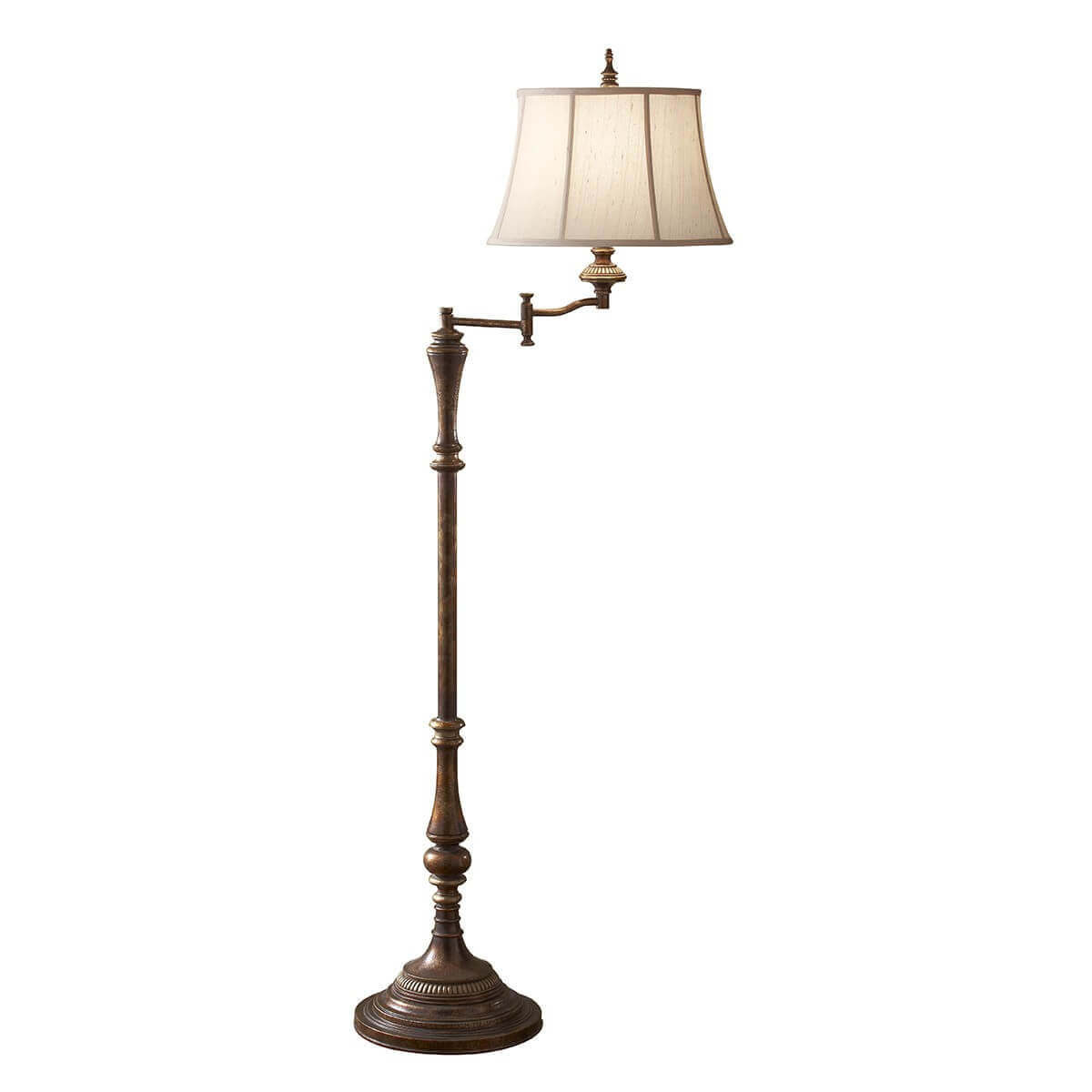 Lampadaire de face sur fond blanc, abat-jour conique et bras articulé