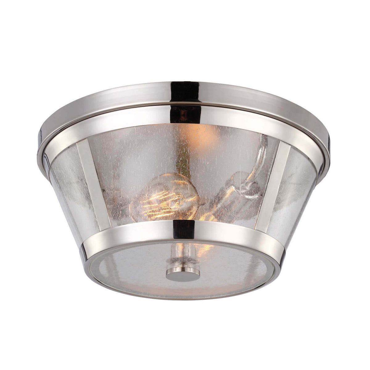 Plafonnier rond en verre strié et nickel poli, vue de face sur fond blanc