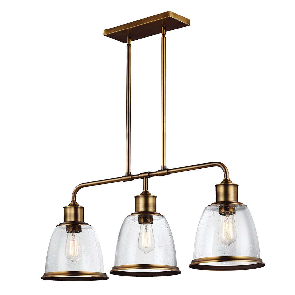 Lustre trois lumières laiton vieilli avec abat-jours verre bombé, vue de face sur fond blanc.