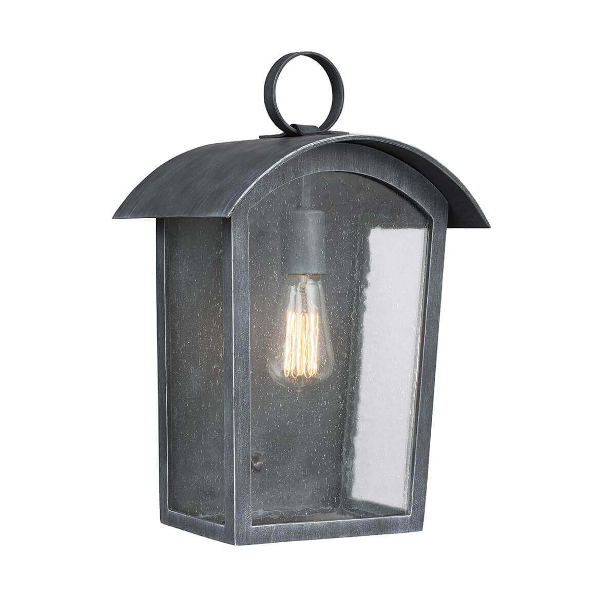 Luminaire extérieur vu de face, lanterne rectangulaire en métal gris et verre bombé
