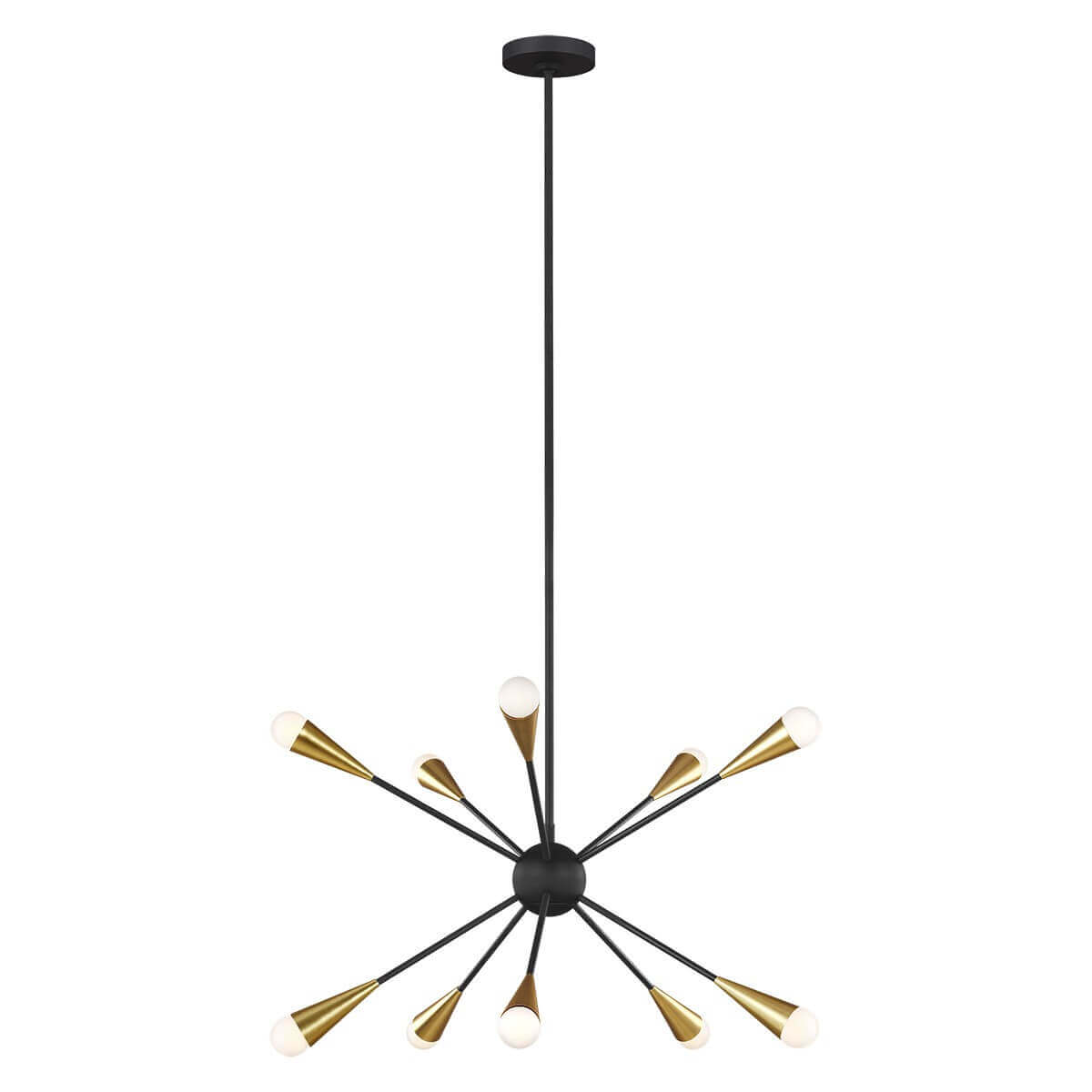 Lustre spoutnik noir vu de face avec dix bras et diffuseurs en verre