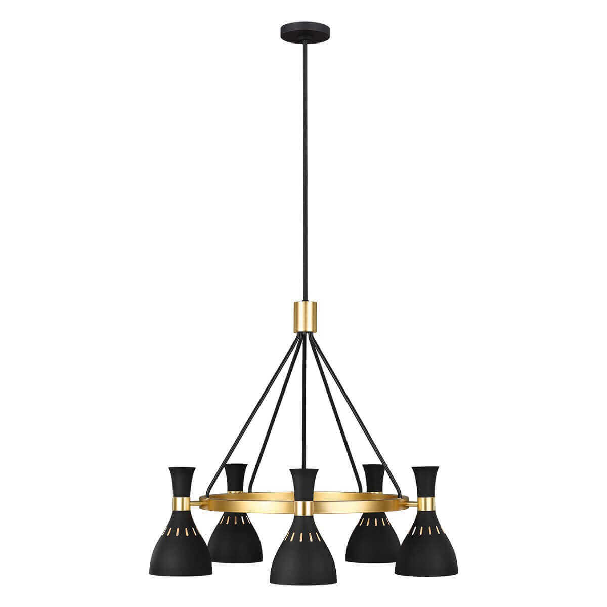 Lustre suspendu cinq lumières noir et laiton, vue de face sur fond blanc