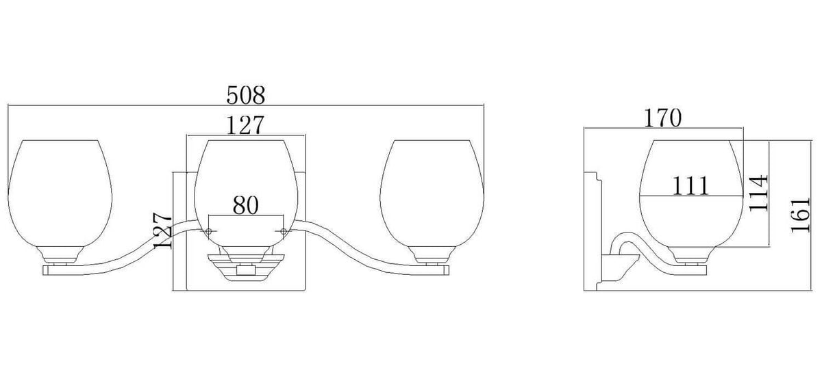 Schéma technique coté avec dimensions en millimètres, vues de face et de profil.