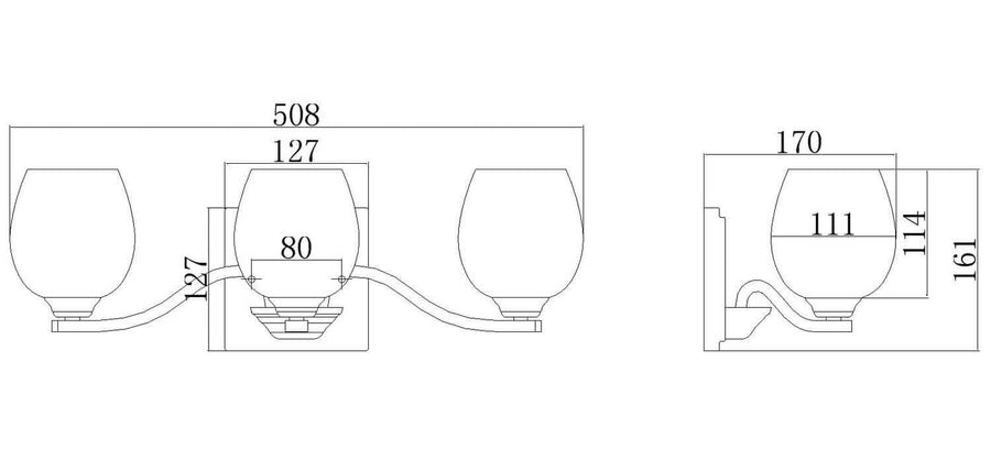 Schéma technique coté avec dimensions en millimètres, vues de face et de profil.