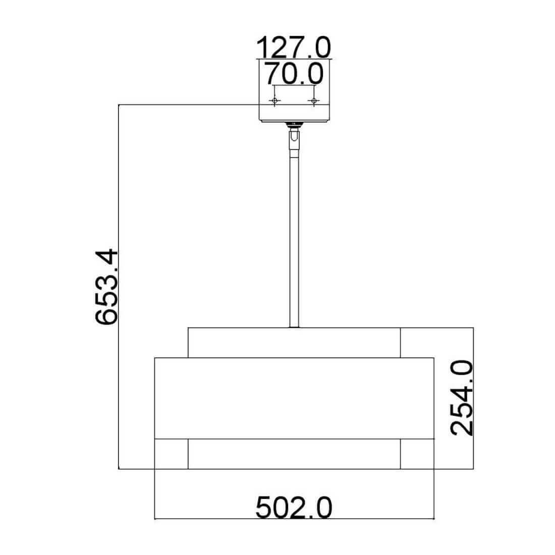 Schéma coté du luminaire indiquant hauteur totale, diamètre du pavillon et dimensions de l'abat-jour