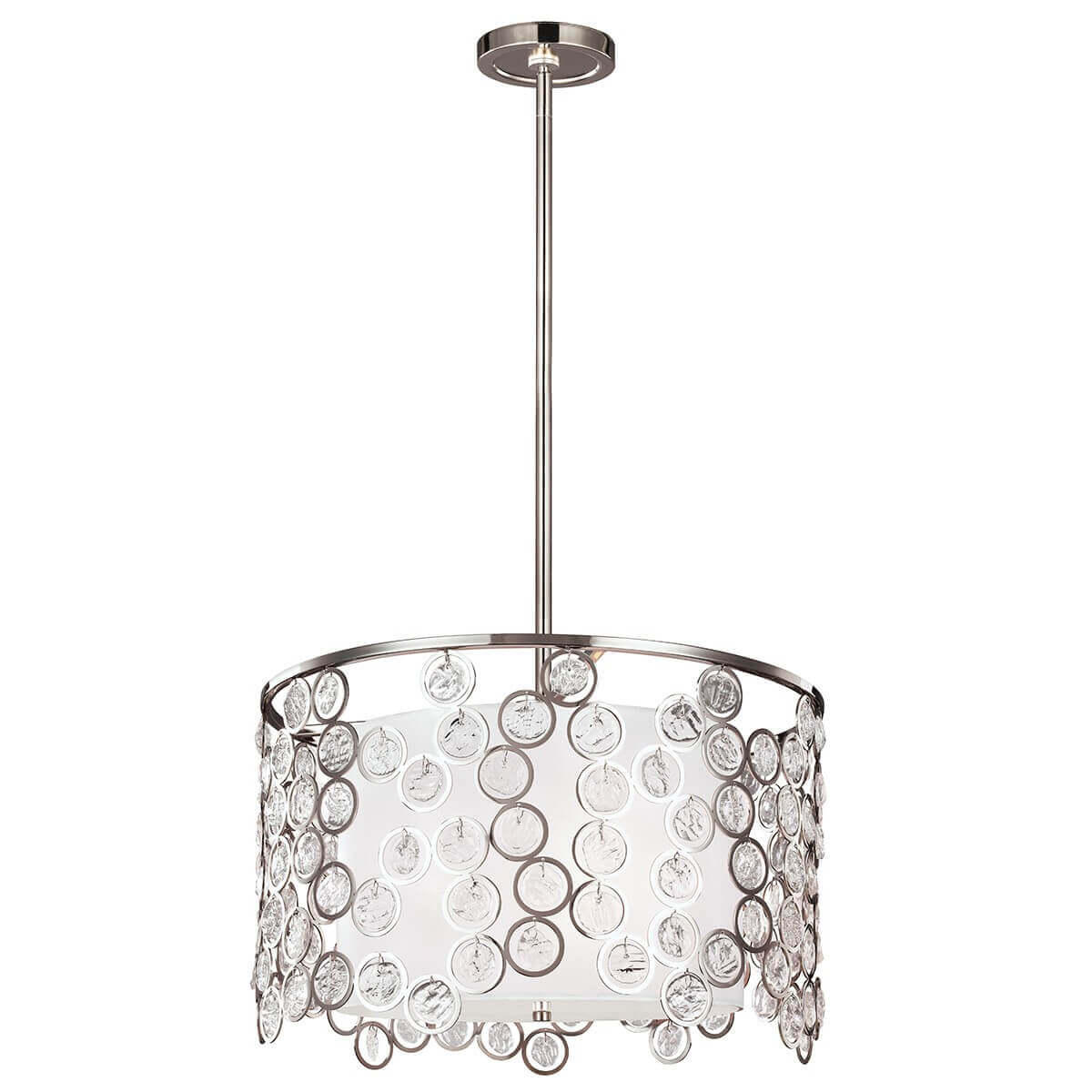 Suspension cylindrique en nickel poli avec abat-jour orné de disques de verre