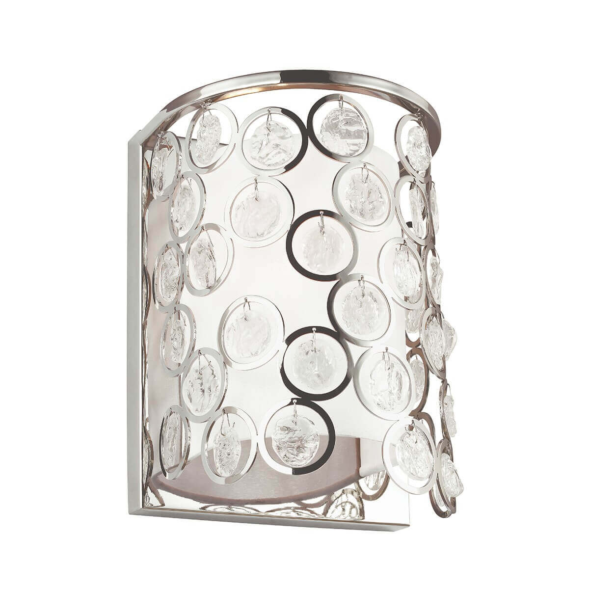 Applique murale en nickel poli avec disques de verre texturé suspendus devant un corps cintré