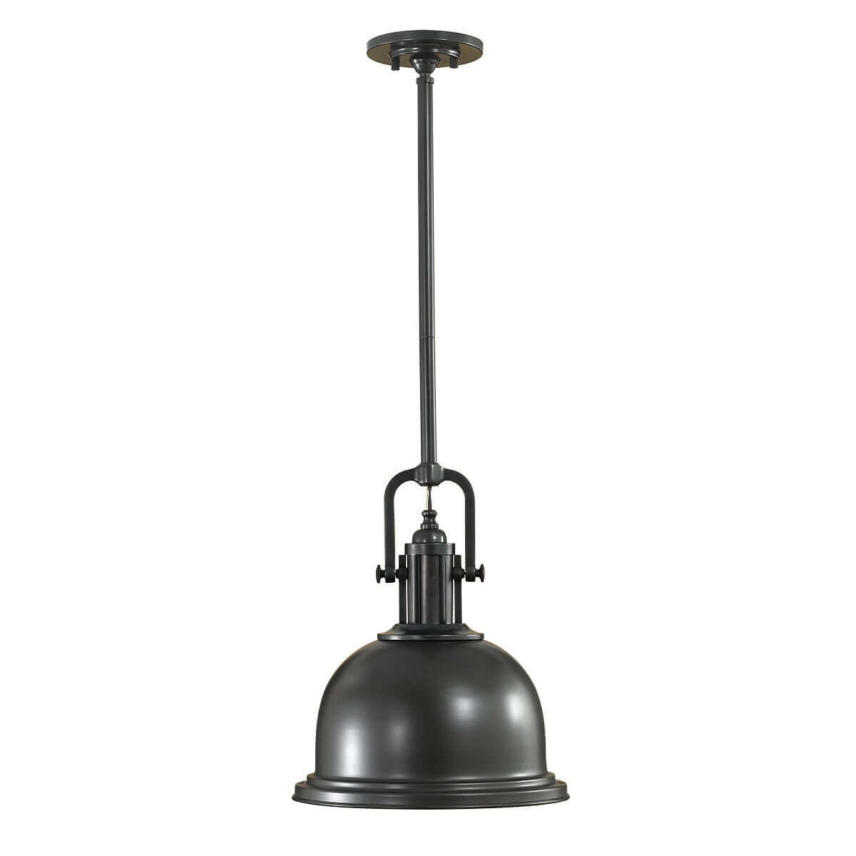 Suspension en métal bronze vue de face sur fond blanc, abat-jour cloche et tige rigide