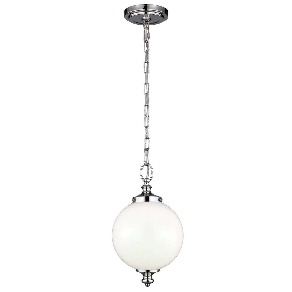 Suspension nickel poli, globe verre blanc, chaîne, vue de face sur fond blanc.