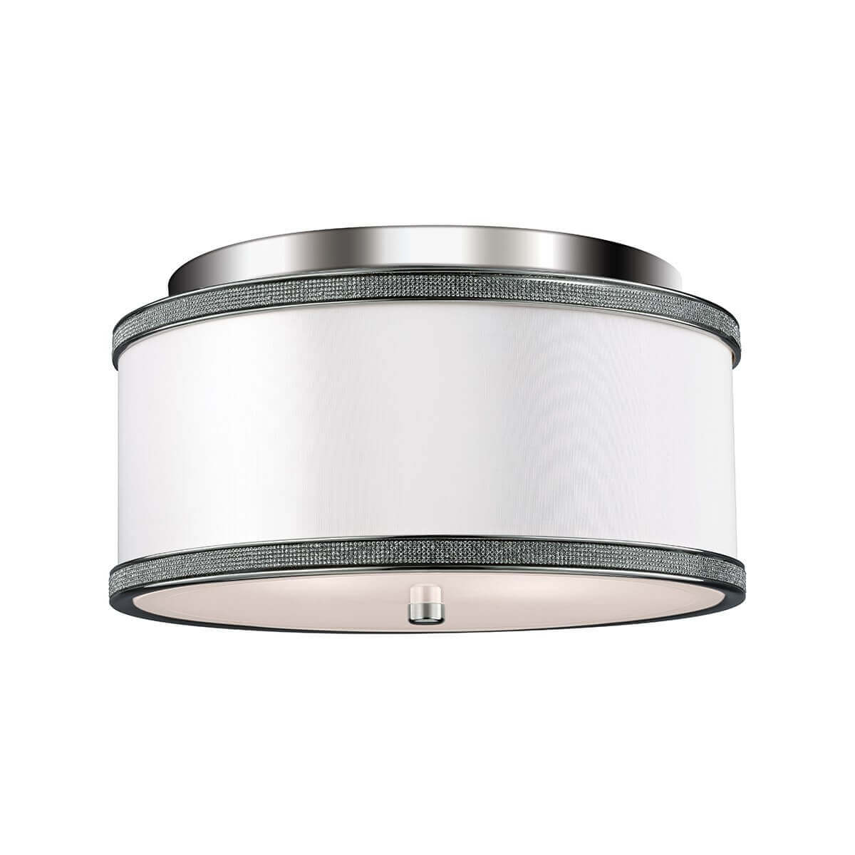 Plafonnier cylindrique en tissu blanc avec bandes nickel poli et finition texturée