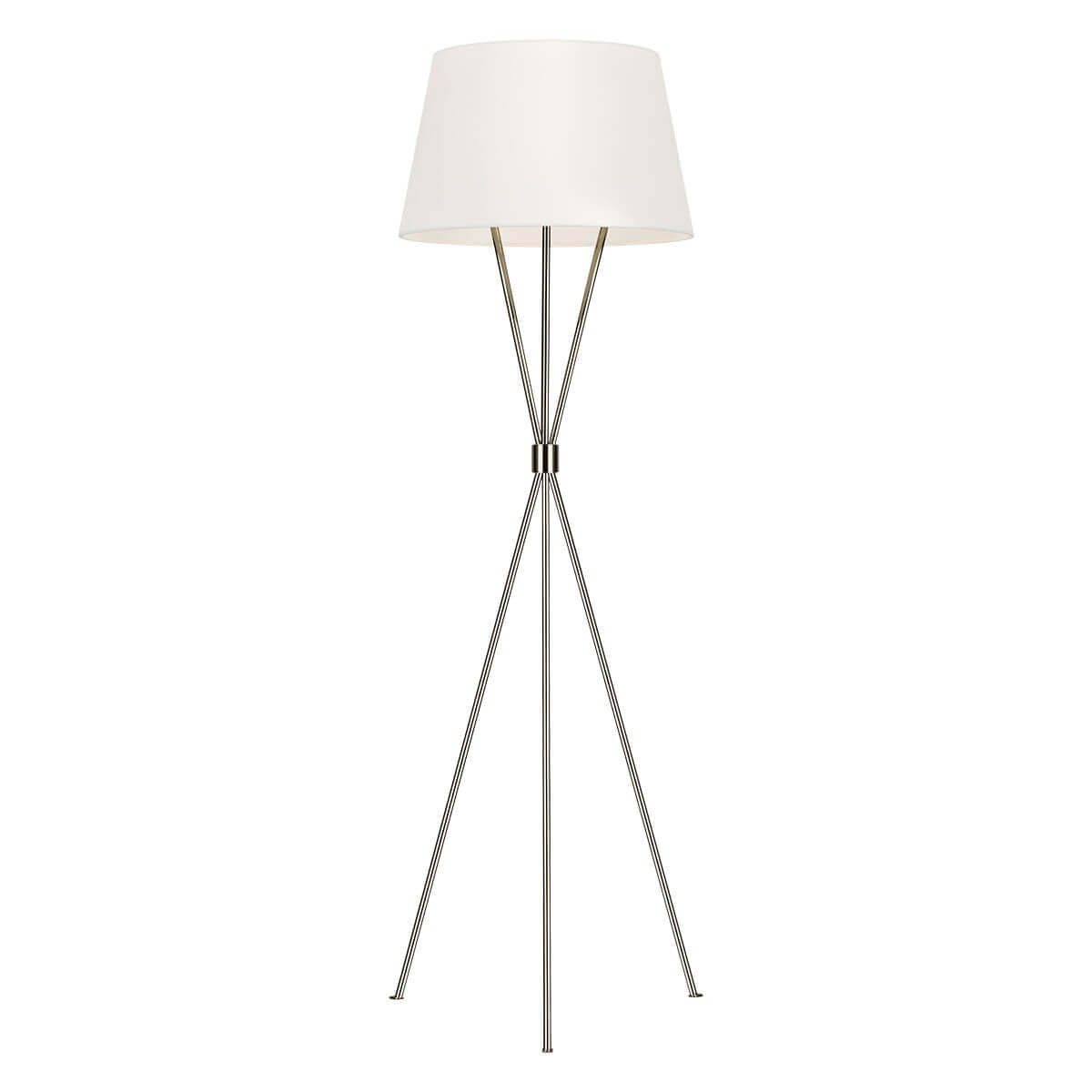 Lampadaire tripode en nickel poli avec abat-jour cylindrique blanc, vue de face sur fond clair