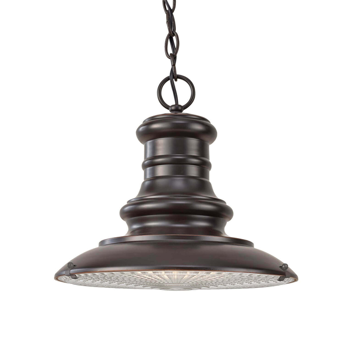 Suspension bronze à chaîne et verre strié, vue de face sur fond blanc