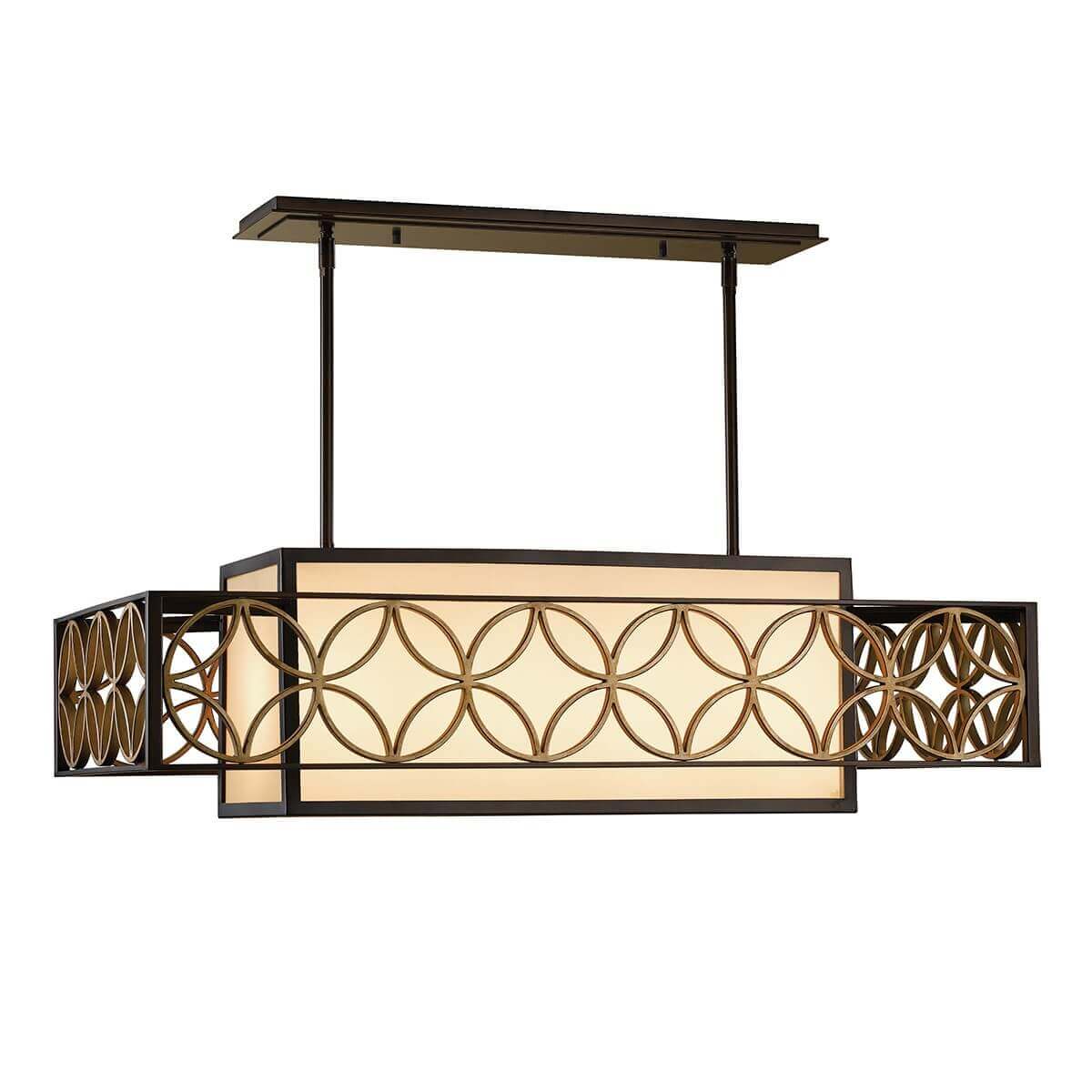 Lustre rectangulaire suspendu, cadre bronze et cercles dorés, abat-jour ivoire, fond blanc
