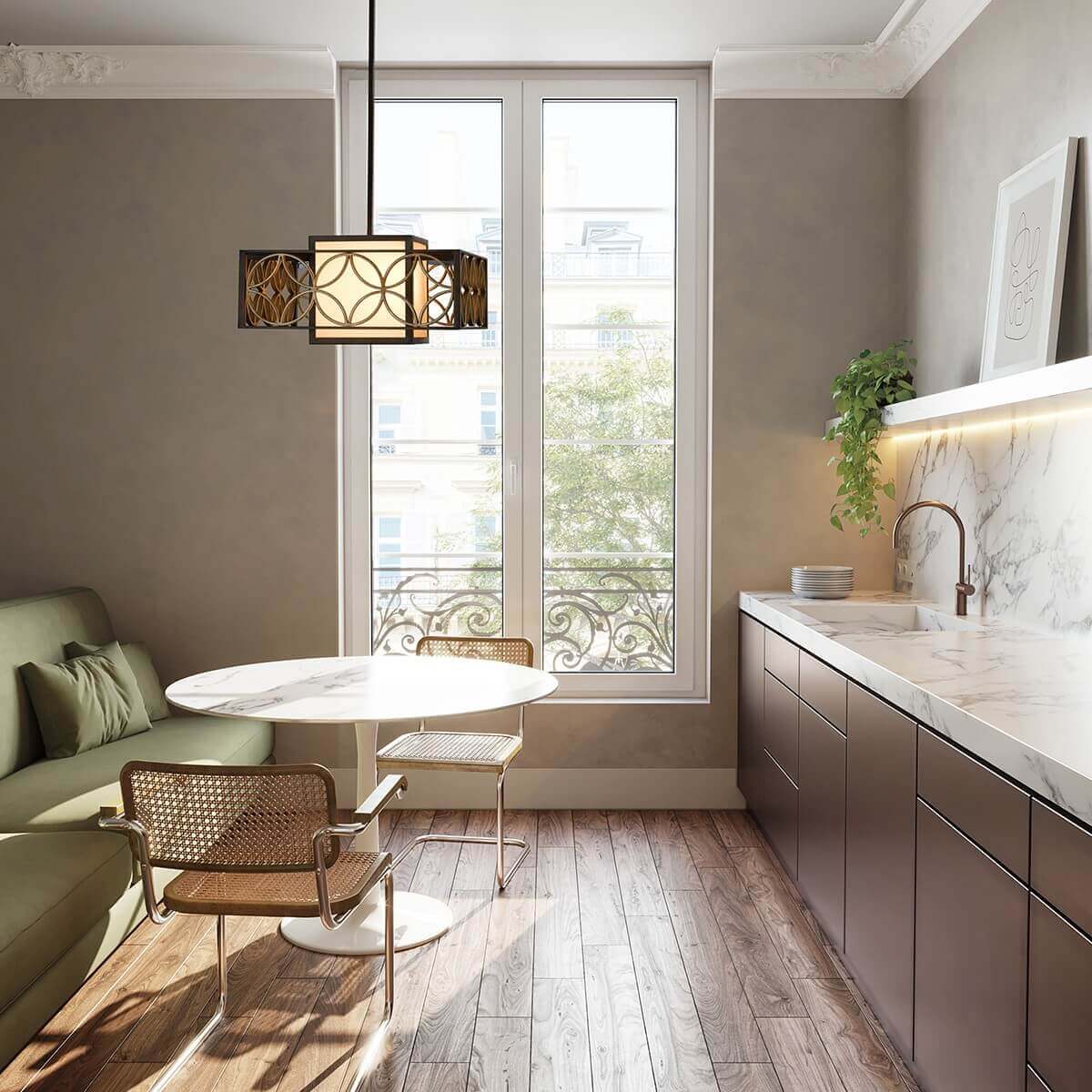 Mise en situation au-dessus d'une table ronde dans une cuisine contemporaine lumineuse.