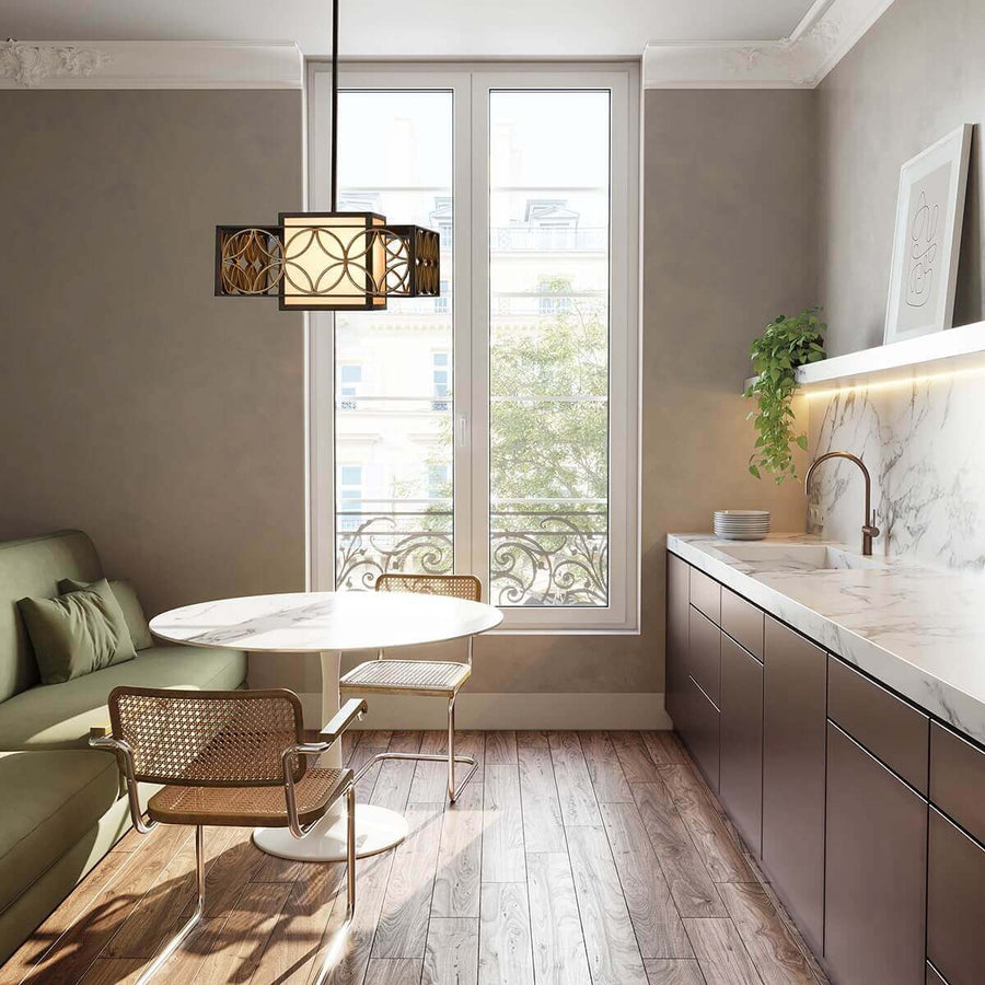 Mise en situation au-dessus d'une table ronde dans une cuisine contemporaine lumineuse.