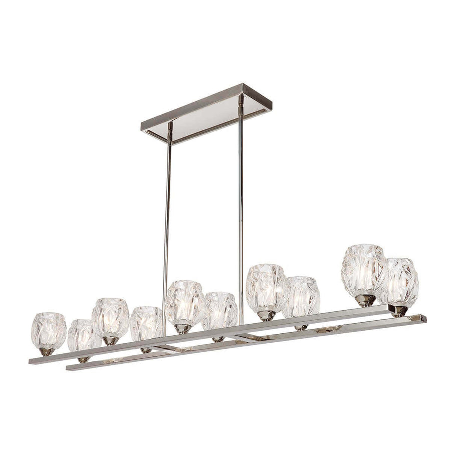 Lustre suspendu linéaire vu de face, dix verres texturés sur structure nickel poli