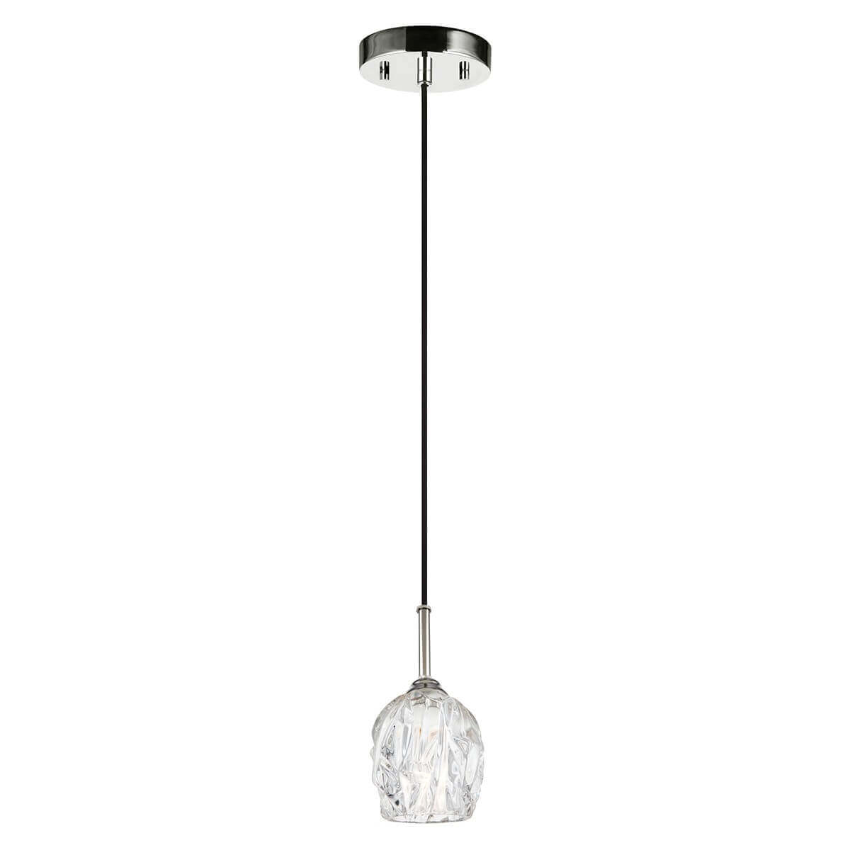 Suspension complète de face avec cabochon nickel poli et abat-jour en verre texturé.
