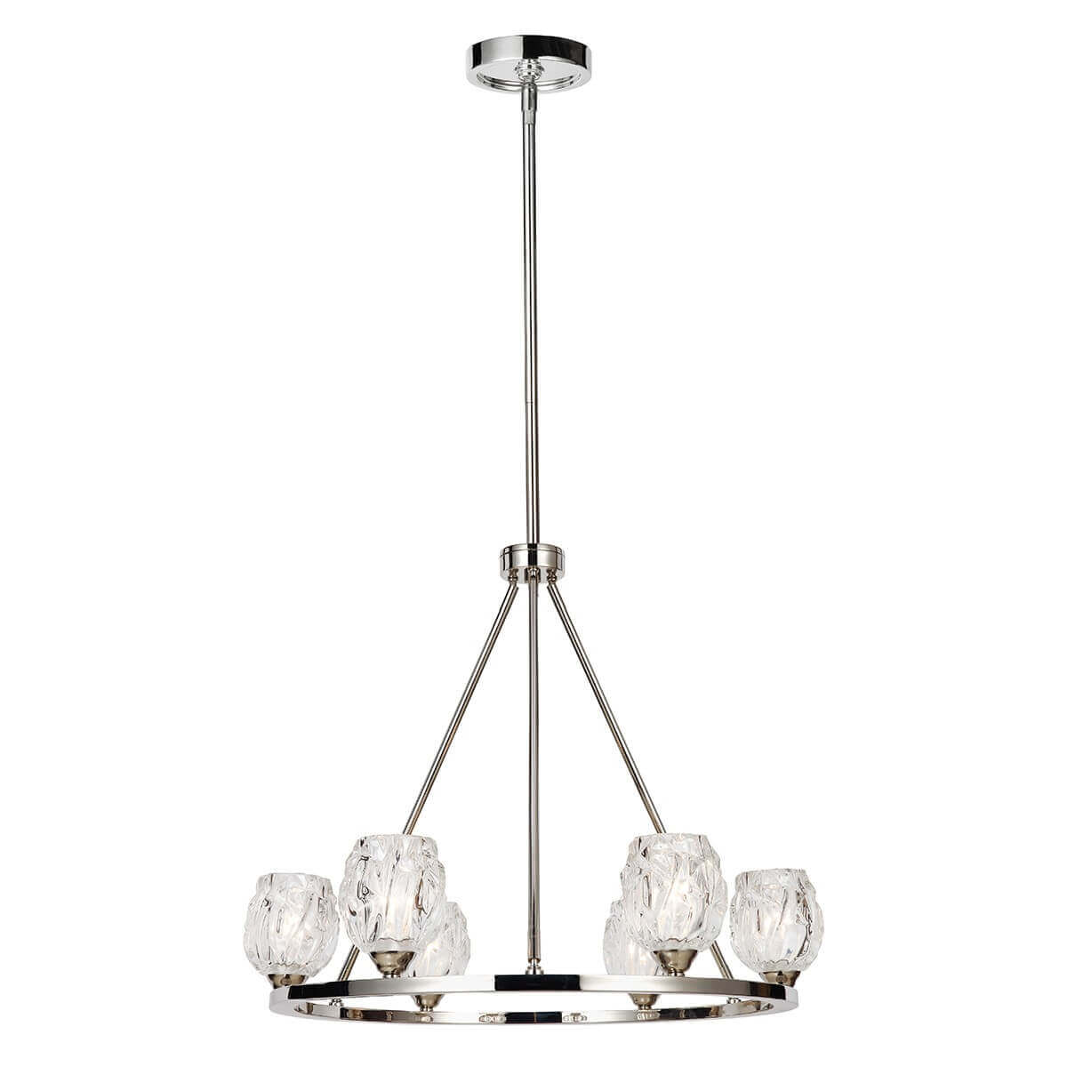 Lustre complet à six lumières en nickel poli avec abat-jours en verre godronné