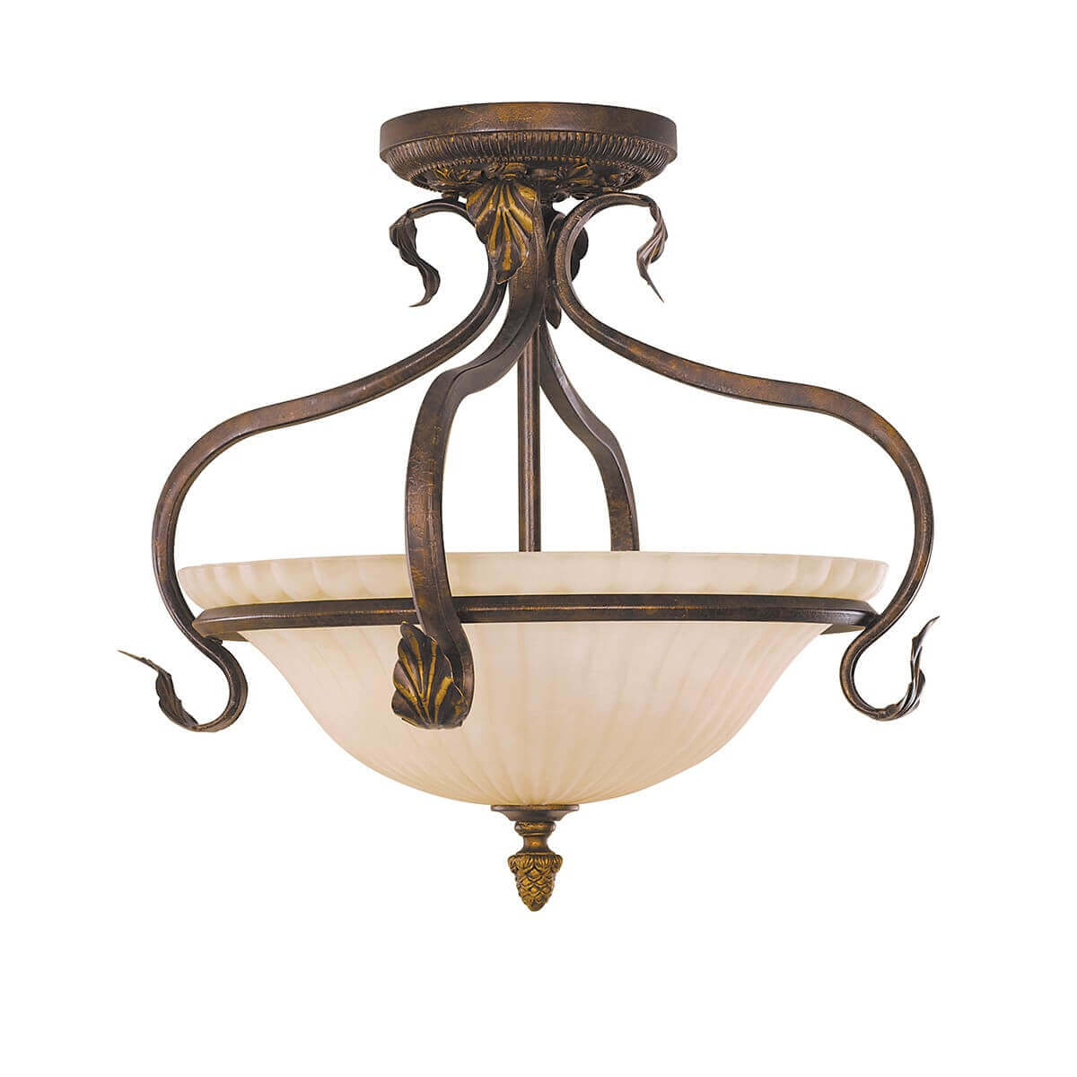 Plafonnier vu de face, armature en métal bronze et vasque en verre ivoire