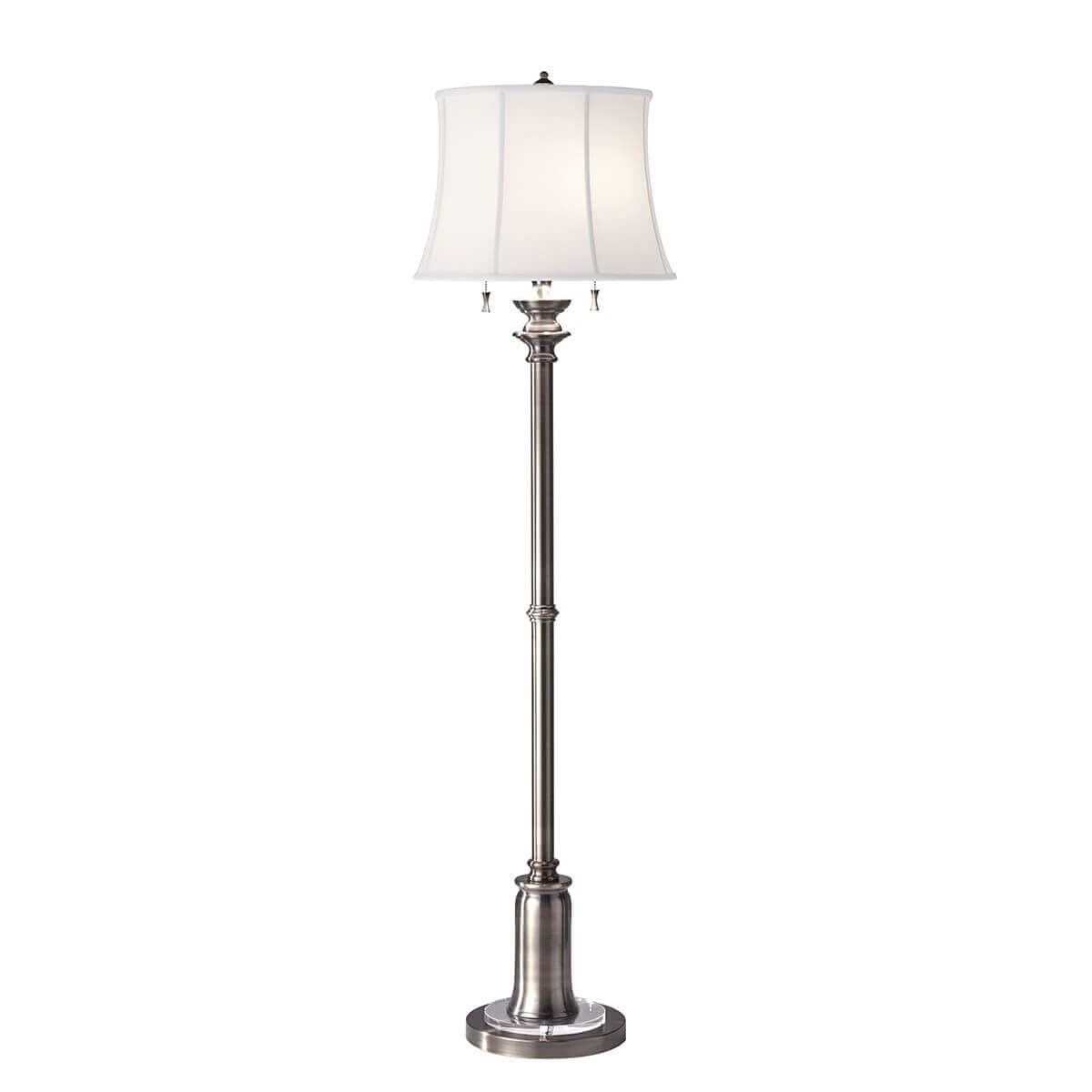 Lampadaire à pied nickel avec abat-jour blanc, vue de face sur fond blanc
