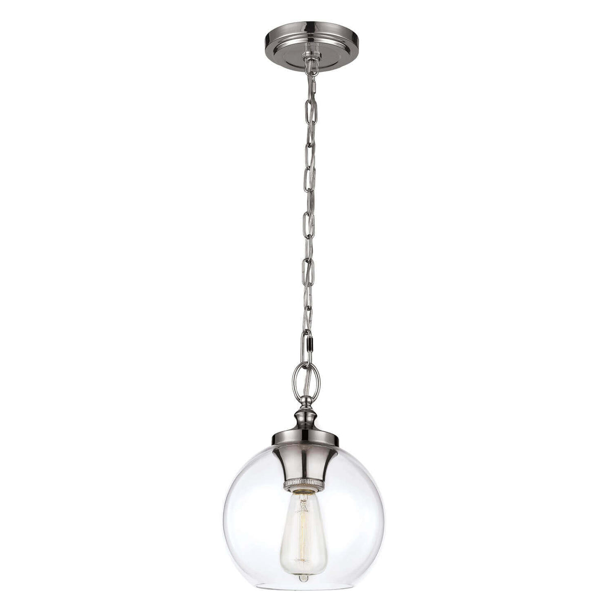 Suspension complète sur fond blanc, globe de verre transparent et chaîne en nickel poli