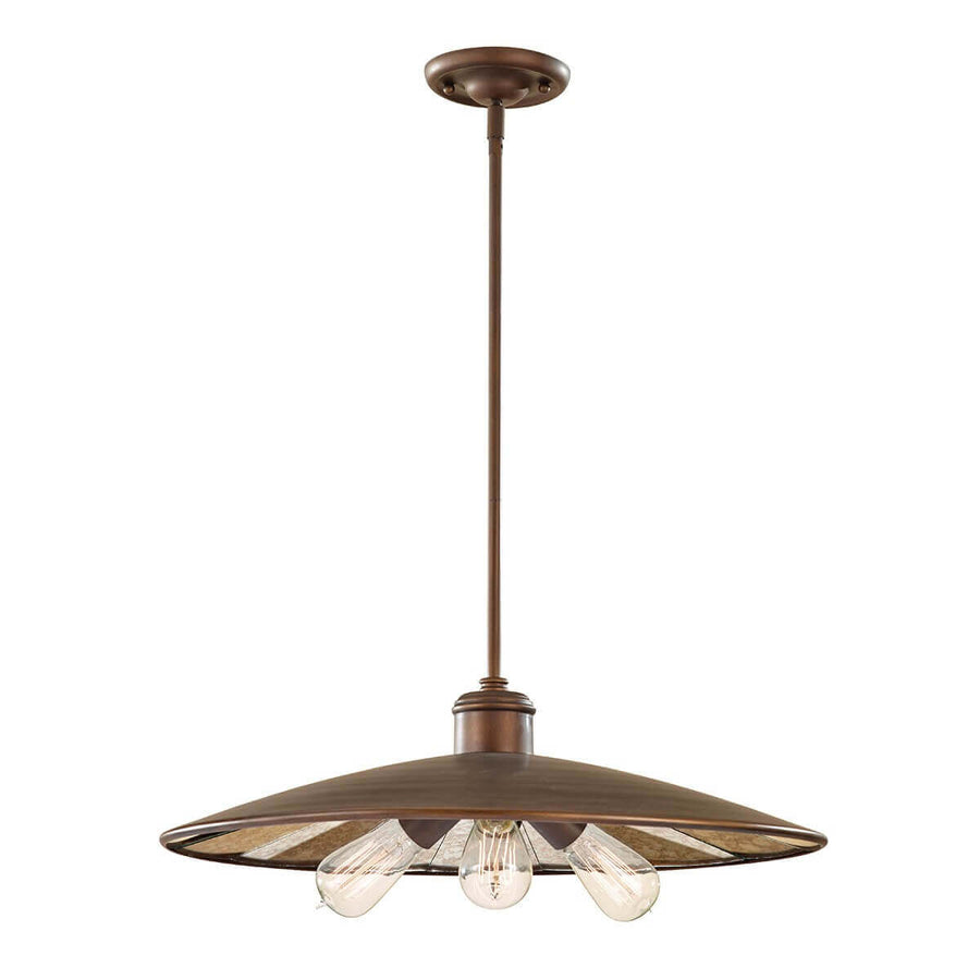 Suspension vue de face sur fond blanc, abat-jour conique et trois ampoules apparentes