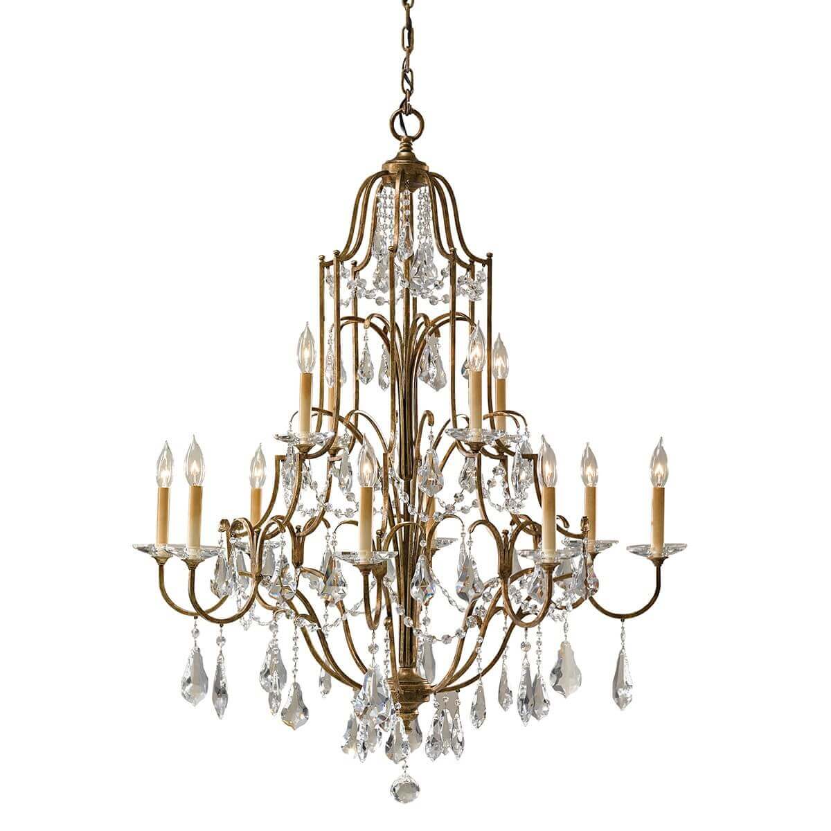 Lustre douze lumières en métal bronze avec pendeloques de cristal, vue de face