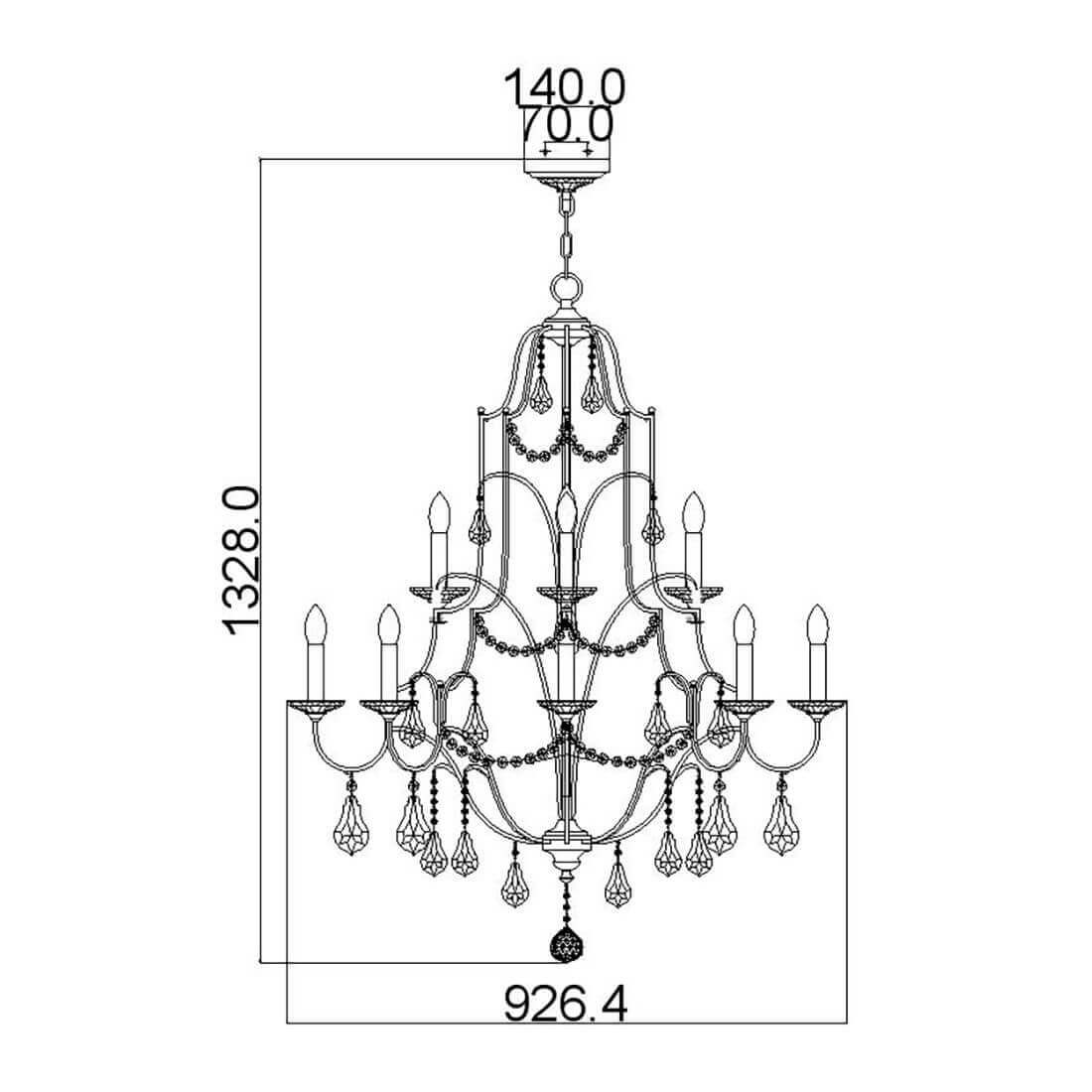 Schéma coté du lustre indiquant hauteur totale, diamètre et fixations au plafond