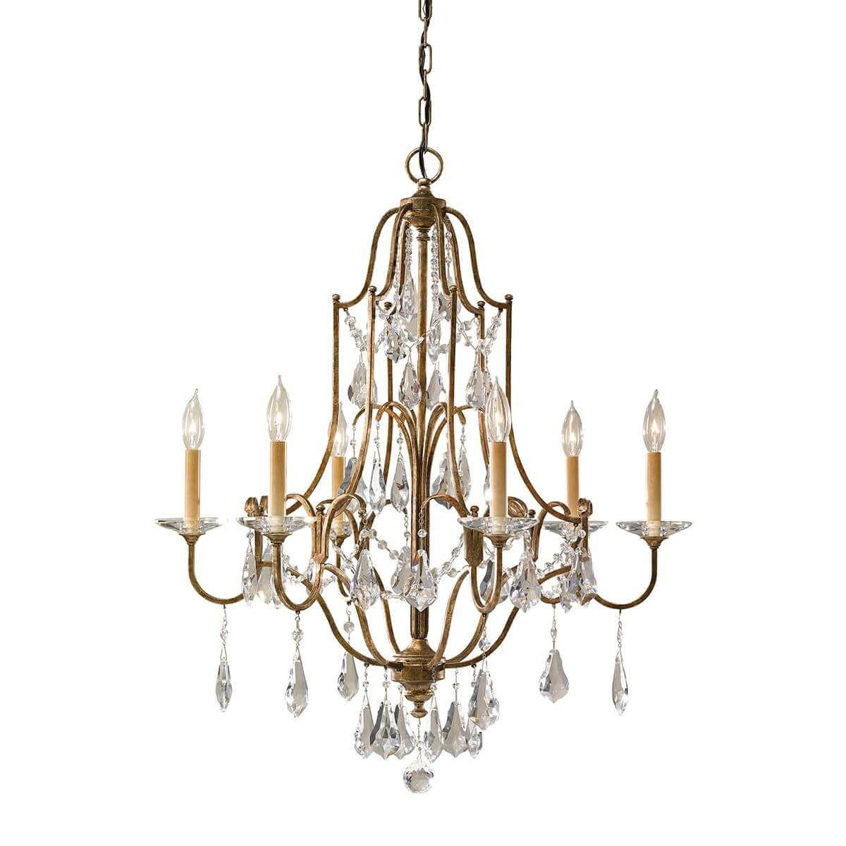 Lustre à six lumières en métal bronze avec pampilles en cristal, suspendu sur fond blanc