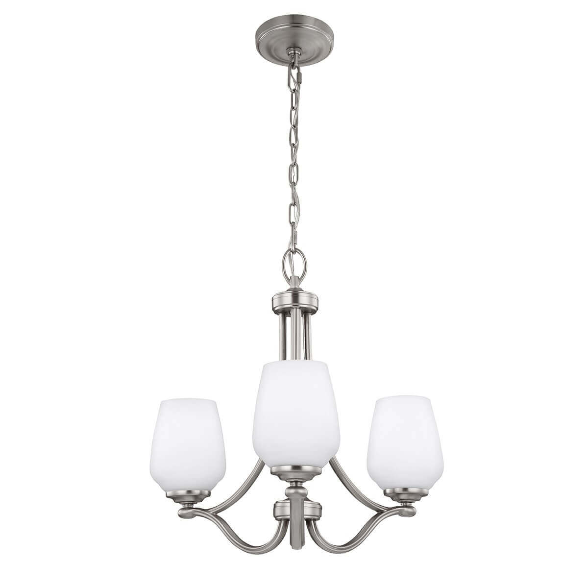 Lustre trois lumières en nickel avec diffuseurs en verre blanc, présenté de face.