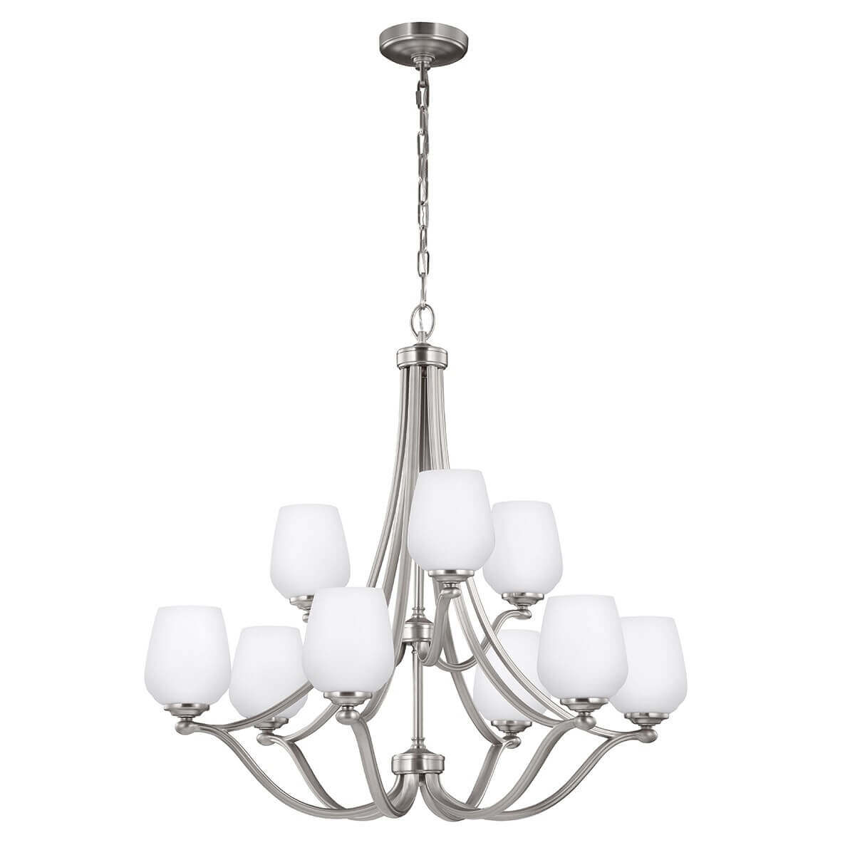 Lustre à neuf lumières en nickel brossé avec abat-jour en verre opalin blanc