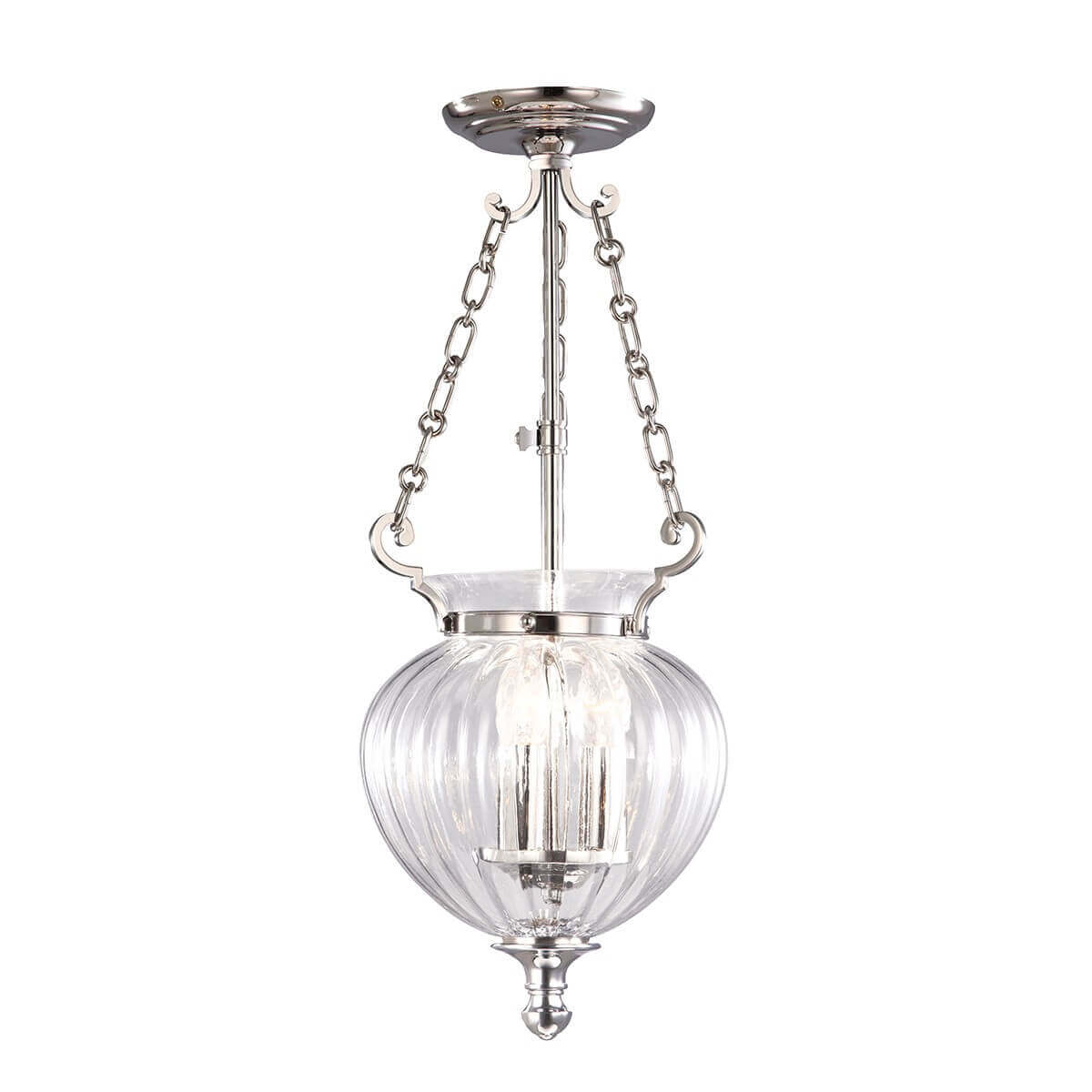 Suspension complète en nickel poli avec globe de verre transparent godronné vue de face