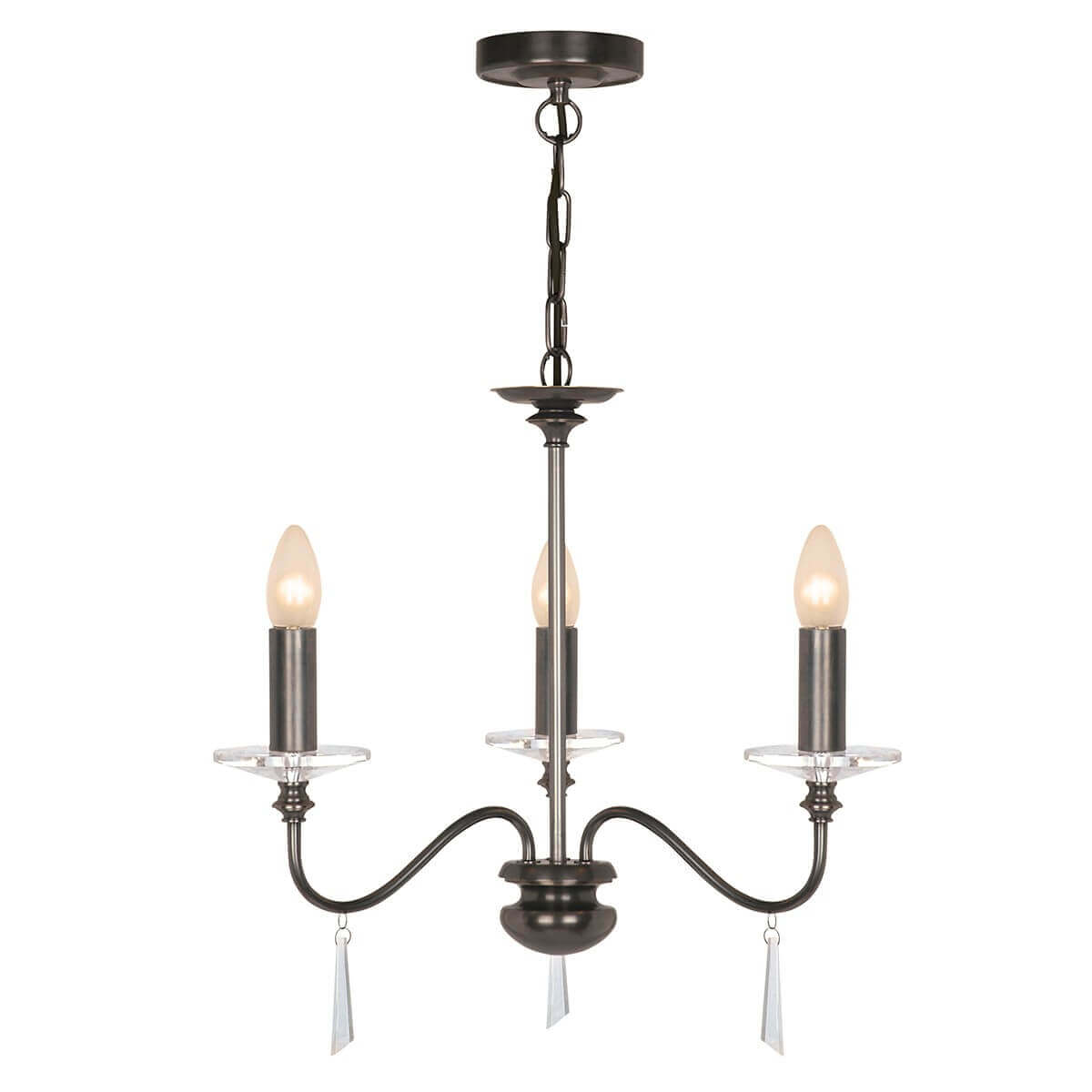 Lustre trois lumières bronze sans abat-jour, bras recourbés et pampilles en verre.